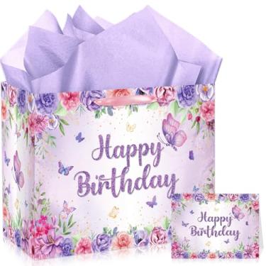Imagem de Bolsa de presente de aniversário de borboleta para meninas e mulheres, bolsa de lembrancinha de festa de flores de borboleta com cartão de papel de embrulho, bolsa de presente floral roxa rosa para