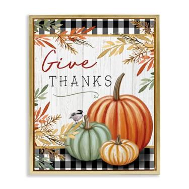 Imagem de Stupell Industries Give Thanks Gingham & Pumpkins Arte de parede em tela flutuante com moldura dourada, design de Elizabeth Tyndall, 89 x 63 cm