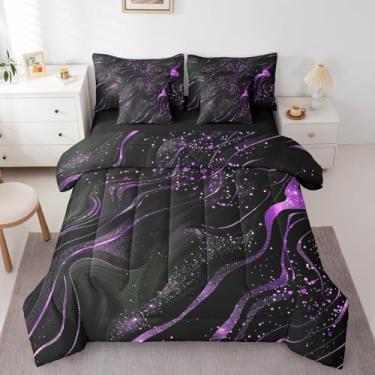 Imagem de Erosebridal Jogo de cama King com textura de mármore, preto e roxo, para mulheres, meninas, brilhante, moderna, estética e pedra em uma bolsa, conjunto de lençol de areia movediça de luxo em aquarela