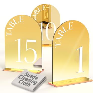 Imagem de Framokoko Números de mesa de casamento arqueados espelhados 1-10 com suportes, letra dupla face de 12,7 x 17,8 cm, placa de casamento acrílica, decoração de centro de mesa para festa de recepção de