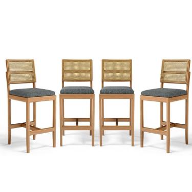 Imagem de Kit Com 4 Banqueta Milena Madeira Maciça Assento Estofado Encosto De Tela Palha Sextavada Linho Chumbo 406