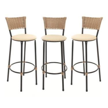 Imagem de KIT 3 Banquetas Tricô Náutico DOURADO Alta Bancada Balcão Cozinha Area