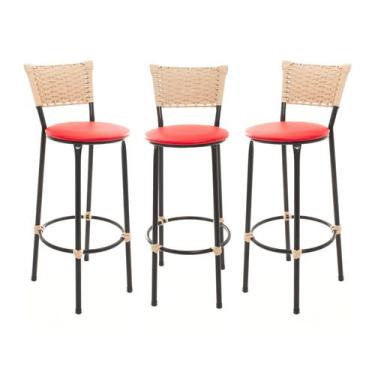 Imagem de KIT 3 Banquetas Tricô Náutico BEGE Alta Bancada Balcão Cozinha Area de