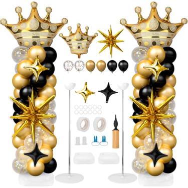 Imagem de 2 conjuntos de kit de suporte de coluna de balão preto e dourado kit de suporte de torre de balão ajustável para chão com coroa estrela balões de alumínio 100 balões de látex para decorações de