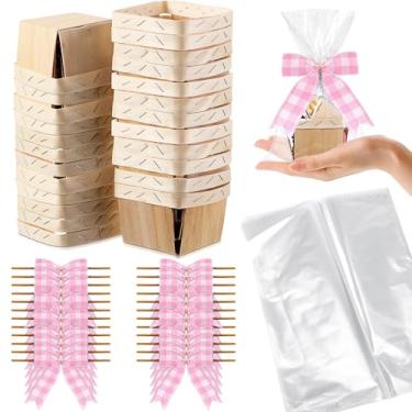 Imagem de Kigley Conjunto de 24 cestas de presente de madeira vazias pequenas cestas de presente com sacos de celofane kit de cesta para Páscoa, faça você mesmo, colheita de frutas, aniversário, casamento, laço
