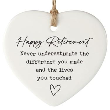Imagem de TEEMI - Enfeite de coração Happy Retirement – Lembrança suspensa de cerâmica com laço dourado e caixa de presente, presente de agradecimento de aposentadoria para professor, enfermeira, colega de