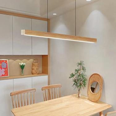 Imagem de Luminária pendente de madeira LED Luminária pendente moderna com design linear regulável com controle remoto Luminária pendente para mesa de jantar Altura ajustável Sala de jantar Escritório