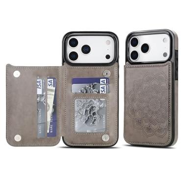 Imagem de Capa carteira para iPhone 17 Pro Max, anti-impressão digital com couro sintético durável e TPU, padrão mandala em relevo, à prova de choque, 3 compartimentos para cartão e suporte (cinza)