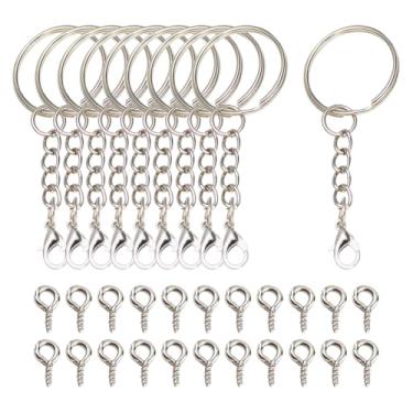 Imagem de GSHLLO Conjunto de 30 anéis de chaveiro de metal, correntes em branco com fechos de lagosta, anéis de chaveiro divididos, argolas de prata com 100 parafusos de ilhó para cordões e borlas
