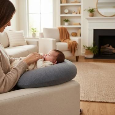 Imagem de Almofada de Amamentação Ergonômica com Capa Removível e Lavável – Conforto para Mamãe e Bebê (Cinza Mescla)