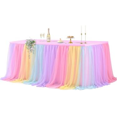 Imagem de Wish Care Toalha de mesa de tule arco-íris para mesas retangulares de 1,8 m com camada dupla, saia tutu de tule, unicórnio, babados, pastel, toalha de mesa elástica para meninas, aniversário, chá de