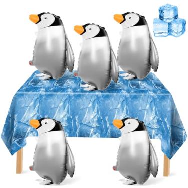 Imagem de VioraWhite 6 peças de artigos de festa com tema de pinguim de inverno, inclui balões de pinguim andando brancos e pretos toalha de mesa de gelo balões infláveis decorações para aniversário