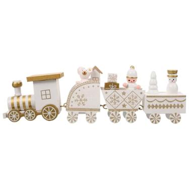 Imagem de DECHOUS Enfeite de trem de Natal de madeira, quatro carruagens, decoração de mesa festiva, estilo desenho animado, adorno de mesa para casa e jardim de infância