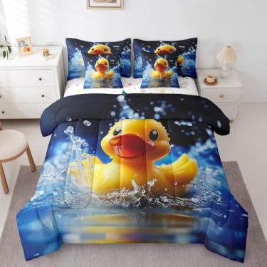 Imagem de Erosebridal Jogo de cama Queen de pato de borracha, fofo, pato amarelo, para crianças, meninas, meninos, conjunto de edredom engraçado com lençol de cima, lençol de cima, fronhas