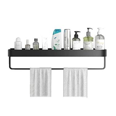 Imagem de WYUYIWH Suporte de chuveiro preto prateleiras de chuveiro adesivo suporte de parede sem perfuração de alumínio para banheiro de cozinha - piso B1 50 cm