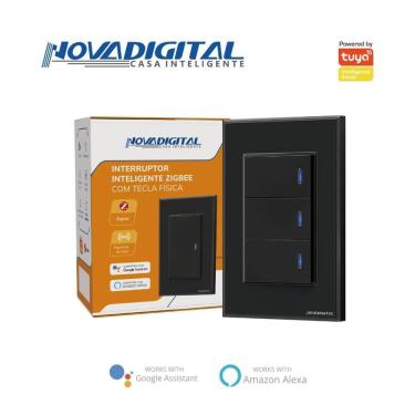 Imagem de Interruptor tecla Fisica com Led 3 botões Zigbee Preto NovaDigital -NFZB-3-B