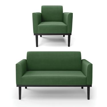 Imagem de Conjunto Poltrona e Namoradeira Decorativa Isabella Pés Fixo em Madeira Preto Suede Verde G19 - Gran Belo