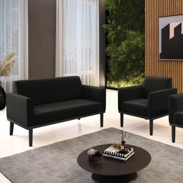 Imagem de Conjunto Poltrona e Namoradeira Decorativa Isabella Pés Fixo em Madeira Preto Suede Preto G19 - Gran Belo