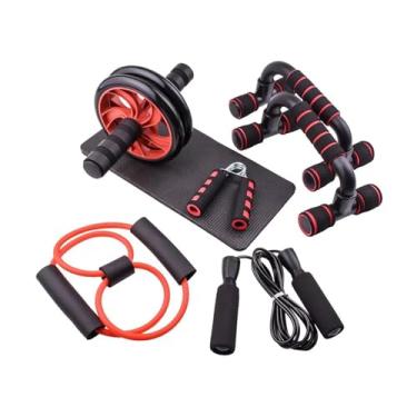 Imagem de RNXRZANK Kit de Rolo Abdominal Multiuso, Equipamento de Ginástica, Acessório Profissional com Antiderrapante, Corda de Pular Resistente E Joelheira, Vermelho