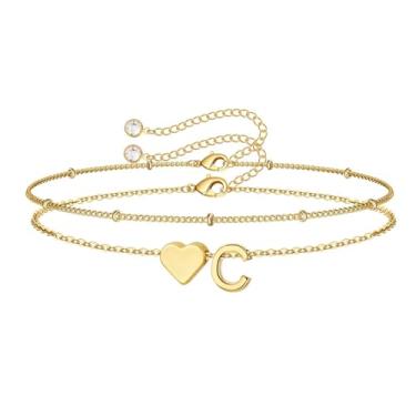 Imagem de M MOOHAM Pulseiras femininas de ouro com inicial de coração – Pulseiras femininas delicadas em camadas com pingente de coração e letra A-Z com elos de corrente, pulseiras com contas, presentes de