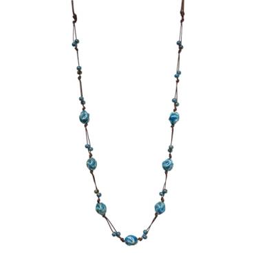 Imagem de Zlanderah Colar Boho com contas extra longo para mulheres, colar de contas de cerâmica azul, joia hippie presente para ela