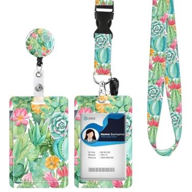 Imagem de Porta-crachá de identificação com cordão retrátil e chaveiro, carretel de crachá com mosquetão giratório, aquarela suculentas flores cartão nome etiqueta cordão protetor de identificação clipes para