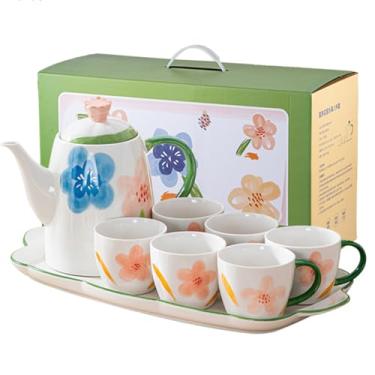 Imagem de Conjunto de chá Kungfu de cerâmica, 1 bule de chá, 6 xícaras de café de chá, 1 bandeja de servir e caixa de presente, estilo chinês requintado para chá da tarde em casa, uso no escritório, presente de