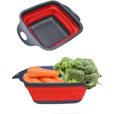 Imagem de Escorredor De Silicone Alimentos Macarrão Legumes Frutas Retrátil Multiuso Dobrável Cozinha Retangular Vermelho Com Cinza