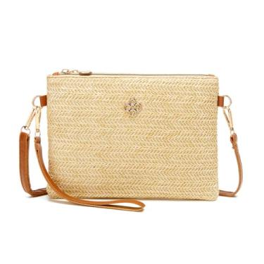 Imagem de Bolsa feminina de palha boho verão praia bolsa de palha com zíper carteiras para mulheres bolsa transversal com alça removível, Marrom