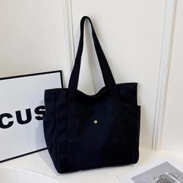 Imagem de Bolsa feminina de veludo cotelê de grande capacidade, casual, Hobo, bolsa de ombro para uso diário, compras, viagens, retrô, com bolsos, preta