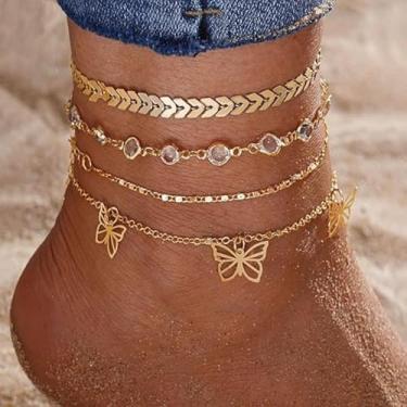 Imagem de Tornozeleiras de borboleta de contas redondas de várias camadas douradas para mulheres, joias delicadas para os pés, tornozeleiras, presentes de praia para mulheres