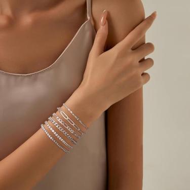 Imagem de Conjunto de 6 peças de pulseiras douradas e prateadas para mulheres, pulseiras de corrente torcidas fígaro espinha de peixe pulseiras de corrente de elos ajustáveis, One Size, Cobre, Sem Pedra