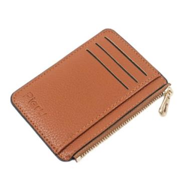Imagem de Carteira pequena feminina masculina de couro PU fino com proteção RFID, porta-cartão de crédito com zíper, Marrom, Lsa100076brown