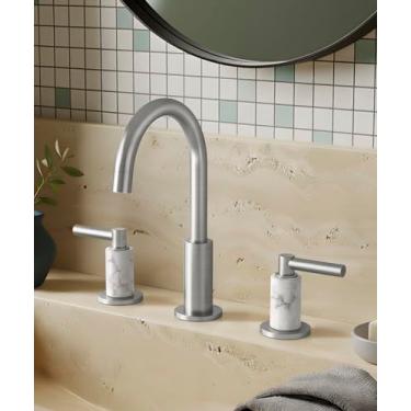 Imagem de KES Torneira de banheiro de níquel escovado italiano natural Carrara com 3 furos com ralo de pia todo de metal, torneira de pia de banheiro ampla de 20 cm para penteadeira, bico giratório de 360°, aço