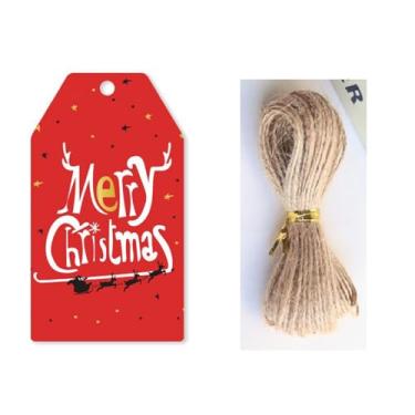 Imagem de 50 etiquetas de presente de papel de Natal com cordas, etiquetas de presente de papel de feliz Natal de 6,9 cm x 4,1 cm, etiquetas de presente com corda para lembrancinhas de festa, sacos pendurados