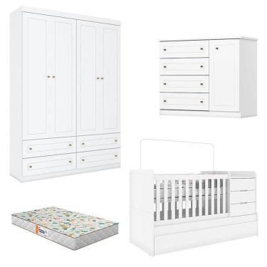 Imagem de Quarto Infantil 4 Portas Mississipi Com Berço Multifuncional Cleo Branco Fosco Com Colc...