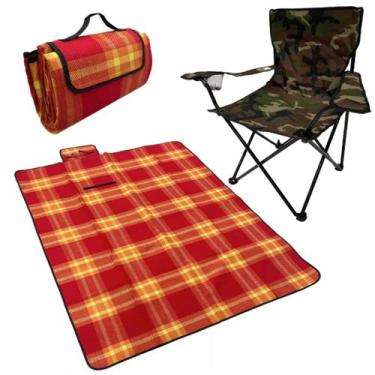Imagem de Cadeira De Praia/Camping Camuflado + Toalha Xadrez Piquenique - Têxtil