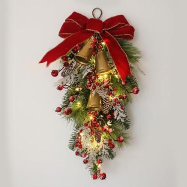 Imagem de Brincos de gota de Natal, 61 cm, bolas de enfeite vermelhas e brancas com pinho fosco, frutas vermelhas e laço (ouro)