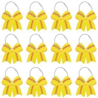 Imagem de SOFPLATE 12 etiquetas de bagagem de arco de softball, etiqueta de bagagem esportiva a granel com anel de metal PVC nome amarelo ID faça você mesmo bolso cartão de abraço mochila pingentes para malas