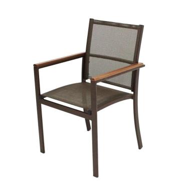 Imagem de Poltrona Cadeira De Jantar Amélia Tela Sling E Alumínio Com Braço Detalhe Madeira Marrom