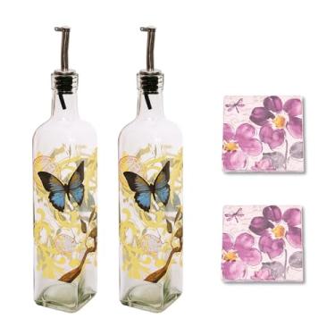Imagem de Topadorn Conjunto de garrafas dispensadoras de azeite de oliva de 500 ml para cozinha, 2 garrafas dispensadoras de óleo de vidro com despejadores de aço inoxidável, 2 pacotes de papel, borboleta