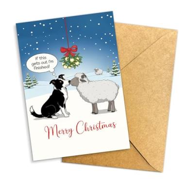 Imagem de Podagree Cartão de Natal engraçado para cães e ovelhas, saudação de feriado bem-humorada com cena de visco para amantes de animais e donos de animais de estimação – 20 x 13 cm com envelope