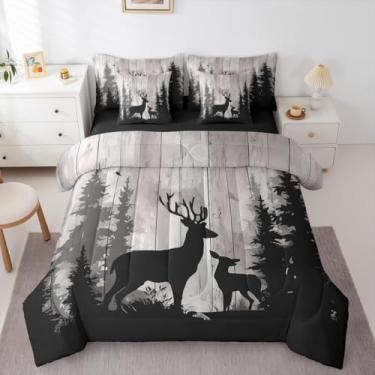 Imagem de Erosebridal Jogo de cama queen de família de veado, retrô, casa de fazenda, de madeira, caça, animal rústico, para crianças, adultos, floresta ocidental, caça e lençol de cima