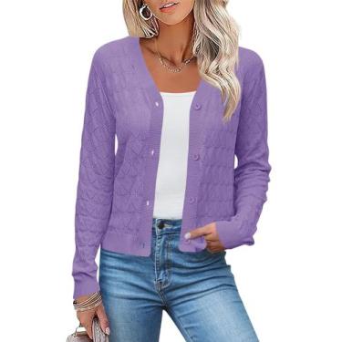 Imagem de Suéter de cardigã LOMON feminino com decote em V, crochê, malha roxa M