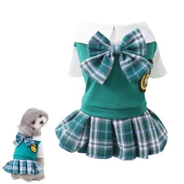 Imagem de PayaSnug Saia de cachorro com laço – vestido de outono para cães pequenos, saia verde estilo academia britânica para filhotes, roupas fofas para passeios de outono e fotos (vestido, GG)