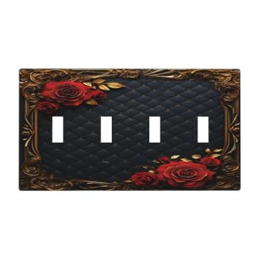 Imagem de Capa para interruptor de luz, rosa vermelha, floral, vintage, dourado, barroco, luxo, 4 gangs, quadriciclos, interruptores decorativos, placas elétricas de parede, placa frontal para decoração de
