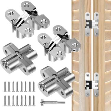 Imagem de JAXYOOM Dobradiça de porta oculta 0,51 x 4,77 polegadas – 4 peças invisíveis resistentes para portas de madeira, dobradiças de armários ocultos de liga de 180 graus para portões DIY, cozinha, prata