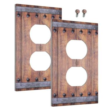 Imagem de Wmhusu Capas de tomada rústica, porta de celeiro, madeira vintage, 1 gangue, interruptor de luz, duplex, placa decorativa de parede, receptáculo elétrico para decoração de cabine de banheiro (pacote