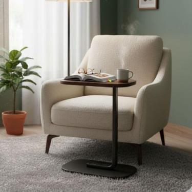 Imagem de Mesa Lateral Oval com Tampo de Madeira e Base Metálica – Ideal para Sala de Estar e Quarto, Design Moderno (Marrom)