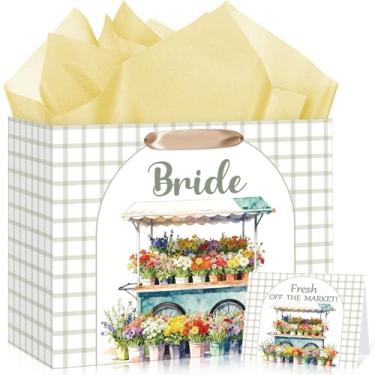 Imagem de Woosytoo Bolsa grande Fresh Off The Market para chá de panela, presente de casamento, com cartão de papel de embrulho, floral, verde, guingão, para noiva, mulheres, amigas, chá de panela, noivado